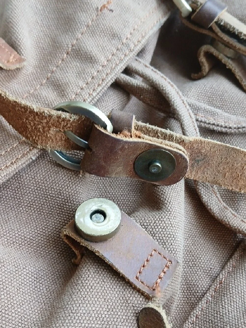 Brown Canvas Drawstring Ruckpack Backpack with Leather Buckle Straps